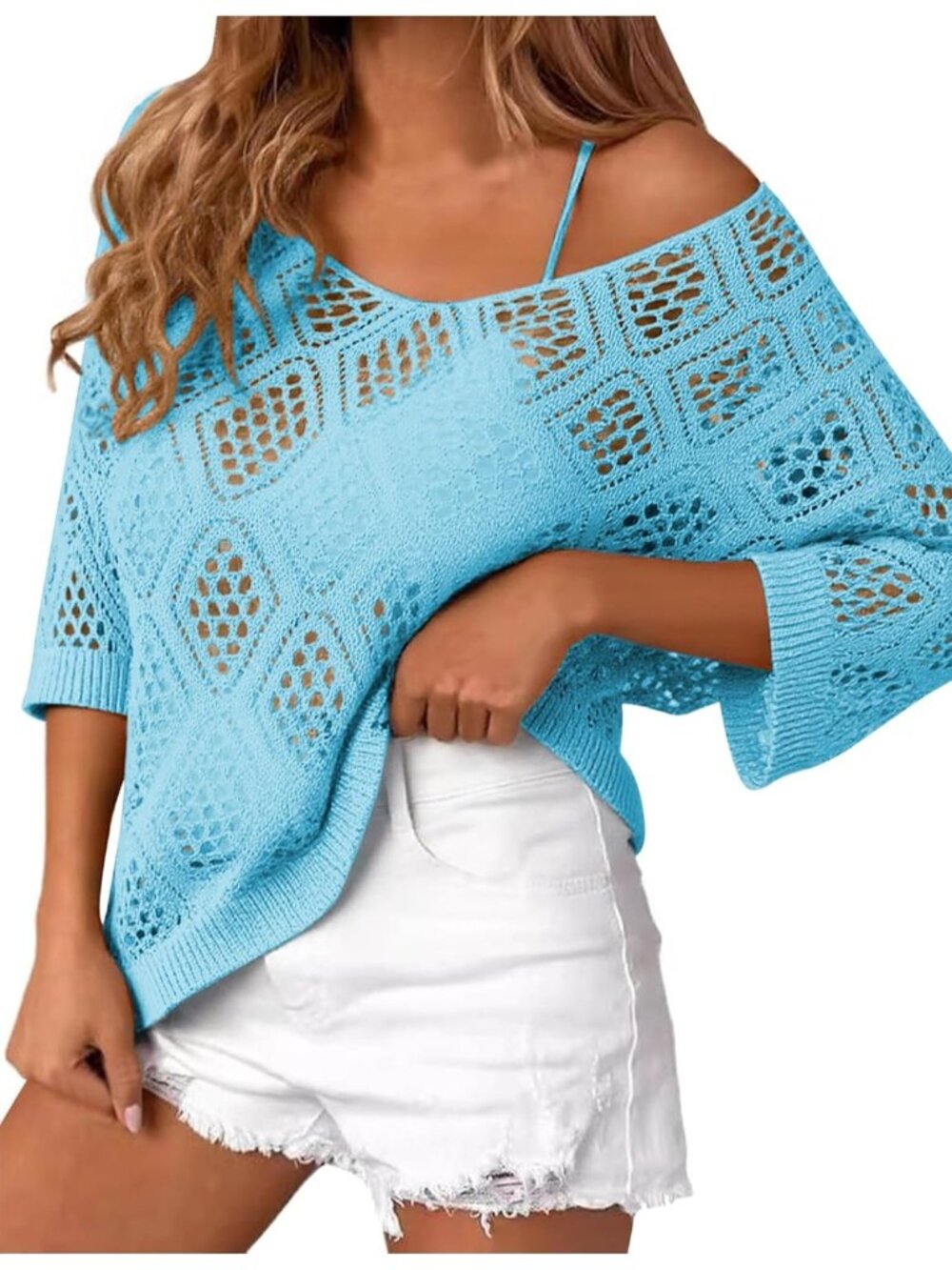 🆕Women's Aqua Blue Sleeve Crochet Tops Summer V Neck Beach Cover Ups Casual